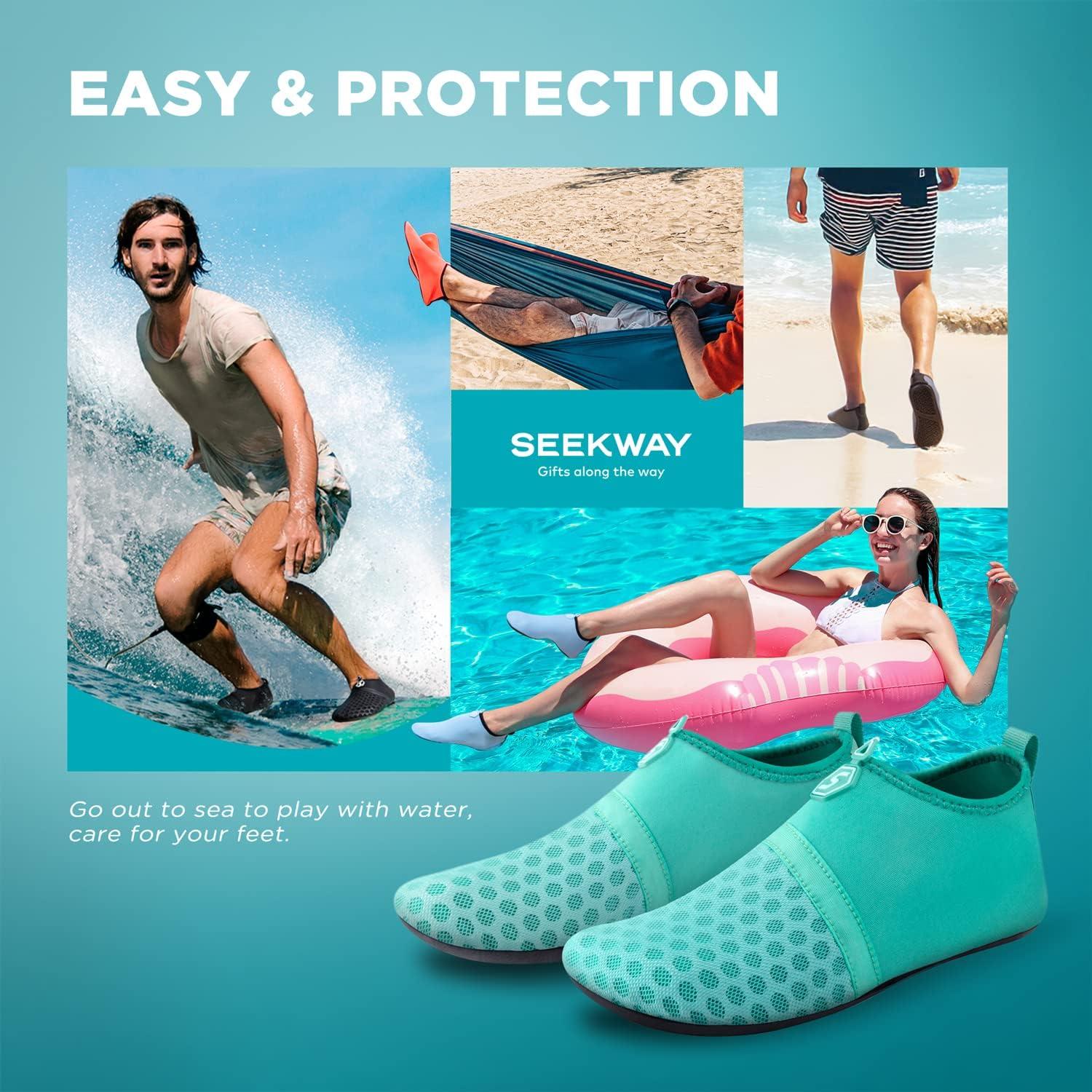 imageSEEKWAY Water Shoes QuickDry Aqua Socks Barefoot Slipon for Beach Pool Swim River Yoga Lake Surf Women Men Black SK0011dsplice Green