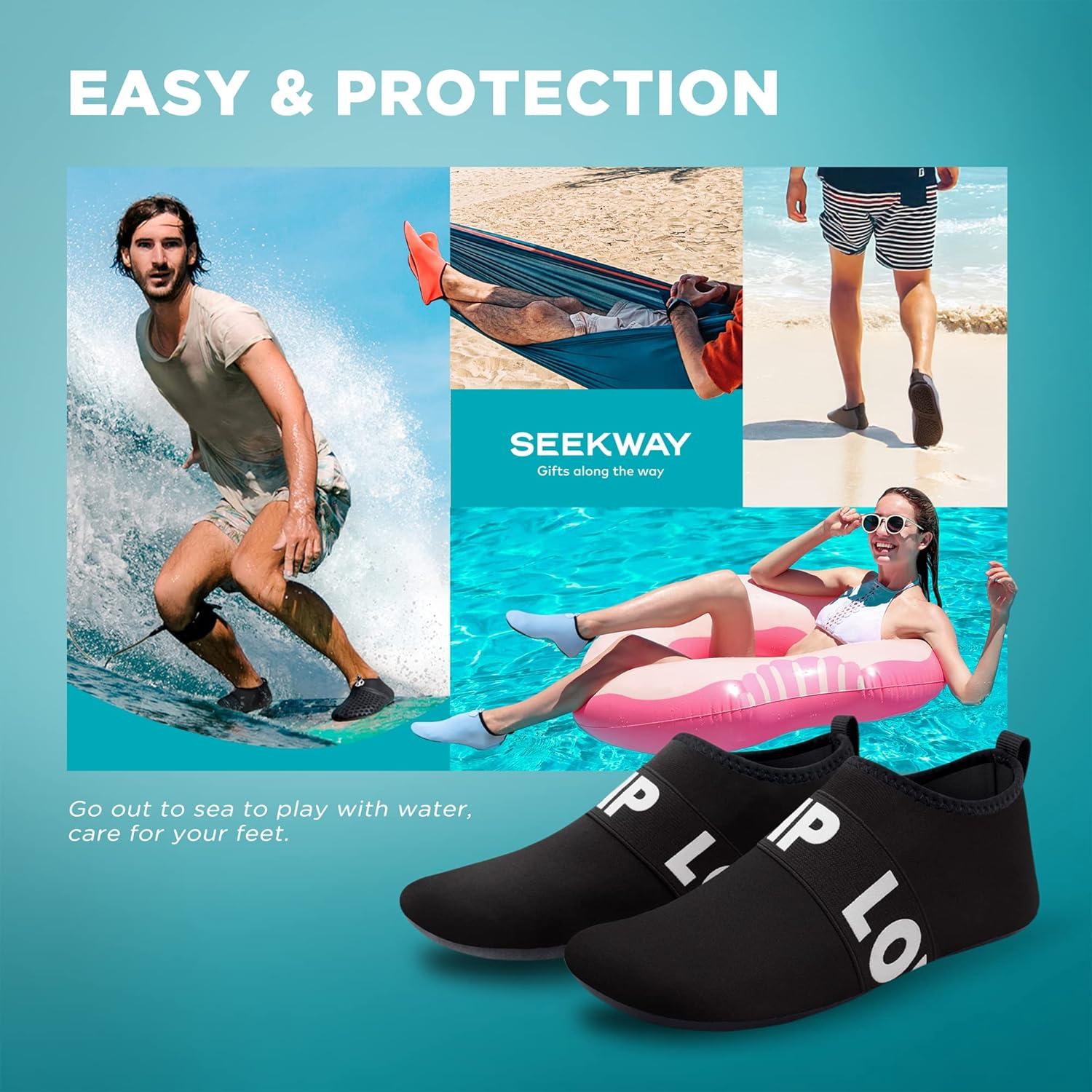 imageSEEKWAY Water Shoes QuickDry Aqua Socks Barefoot Slipon for Beach Pool Swim River Yoga Lake Surf Women Men Black SK0016cbelt B1ack White