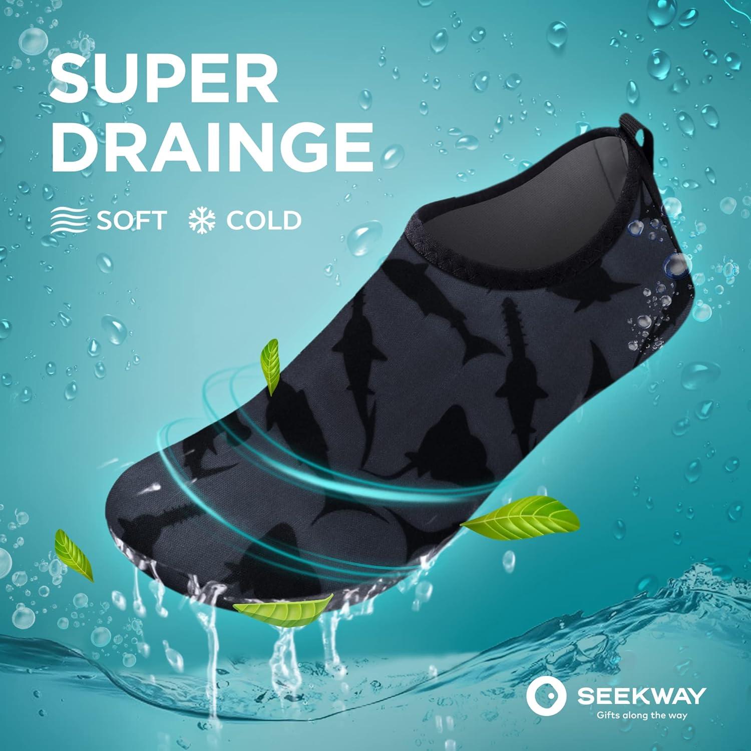 imageSEEKWAY Water Shoes QuickDry Aqua Socks Barefoot Slipon for Beach Pool Swim River Yoga Lake Surf Women Men Black SK0017aablack Shark