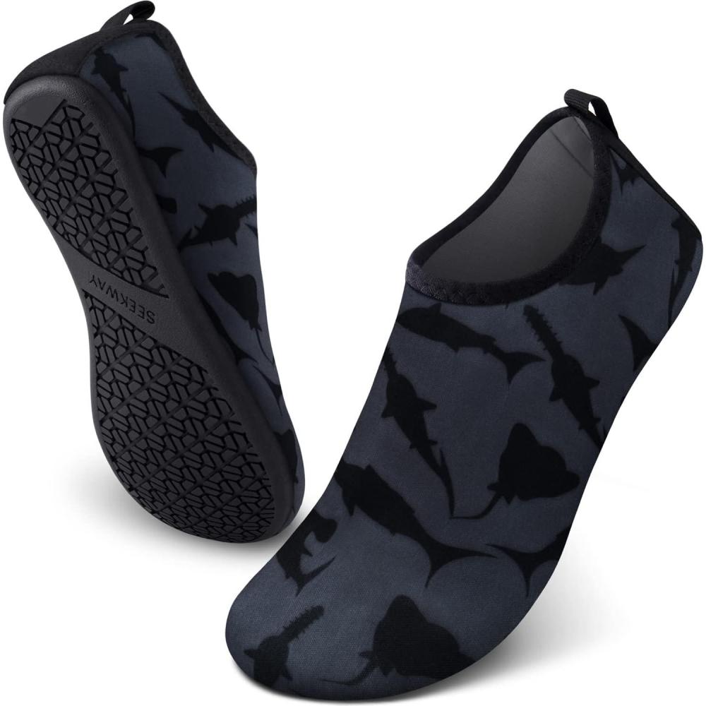 imageSEEKWAY Water Shoes QuickDry Aqua Socks Barefoot Slipon for Beach Pool Swim River Yoga Lake Surf Women Men Black SK0017aablack Shark