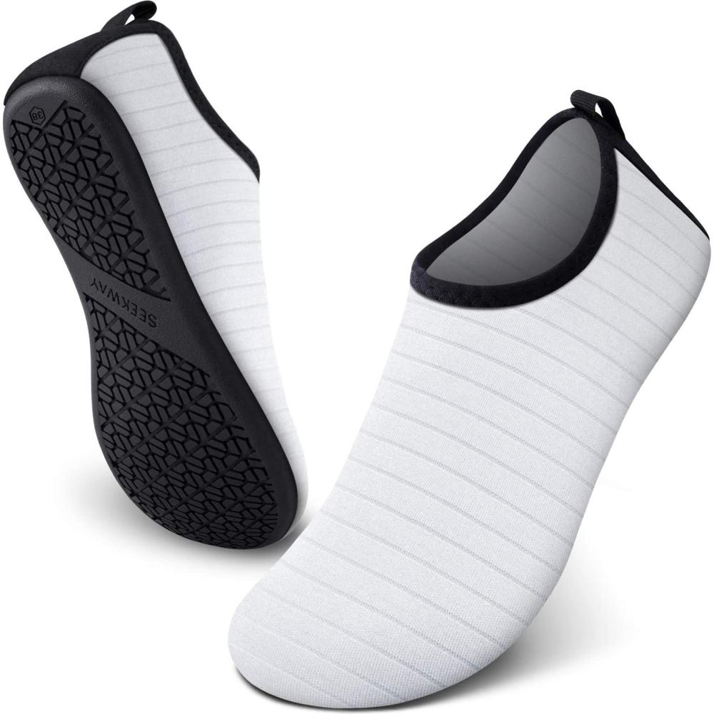 imageSEEKWAY Water Shoes Women Men Adult QuickDry Aqua Socks Barefoot Non Slip for Beach Swim River Pool Lake surf Black SK002U1dstripe White2