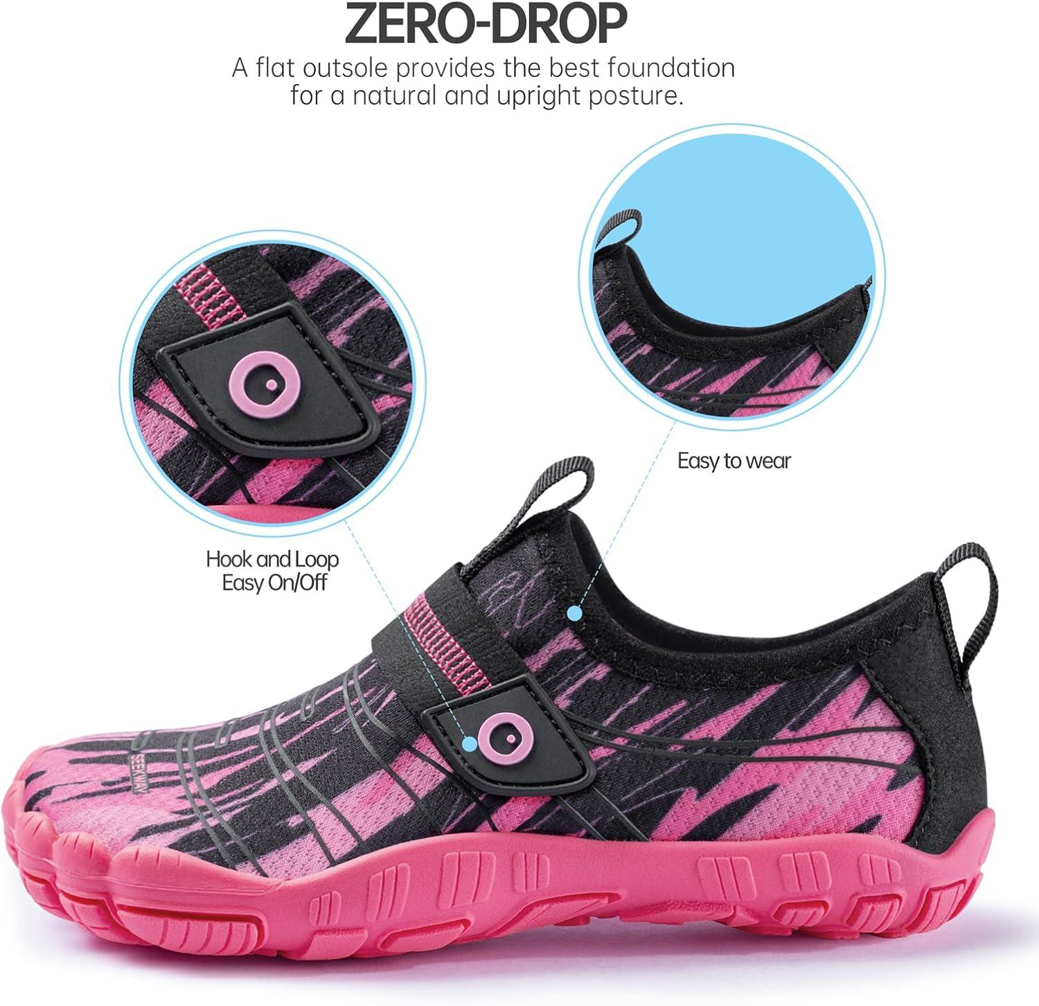 imageSEEKWAY Barefoot Water Shoes for Kids  Wide Toe Box and QuickDry Sand Shoes Toddler for Hiking Swim Beach Pool Kayak Sport Accessories Camping Essentials MustHaves for Boys Girls Sizes1bblack Pink