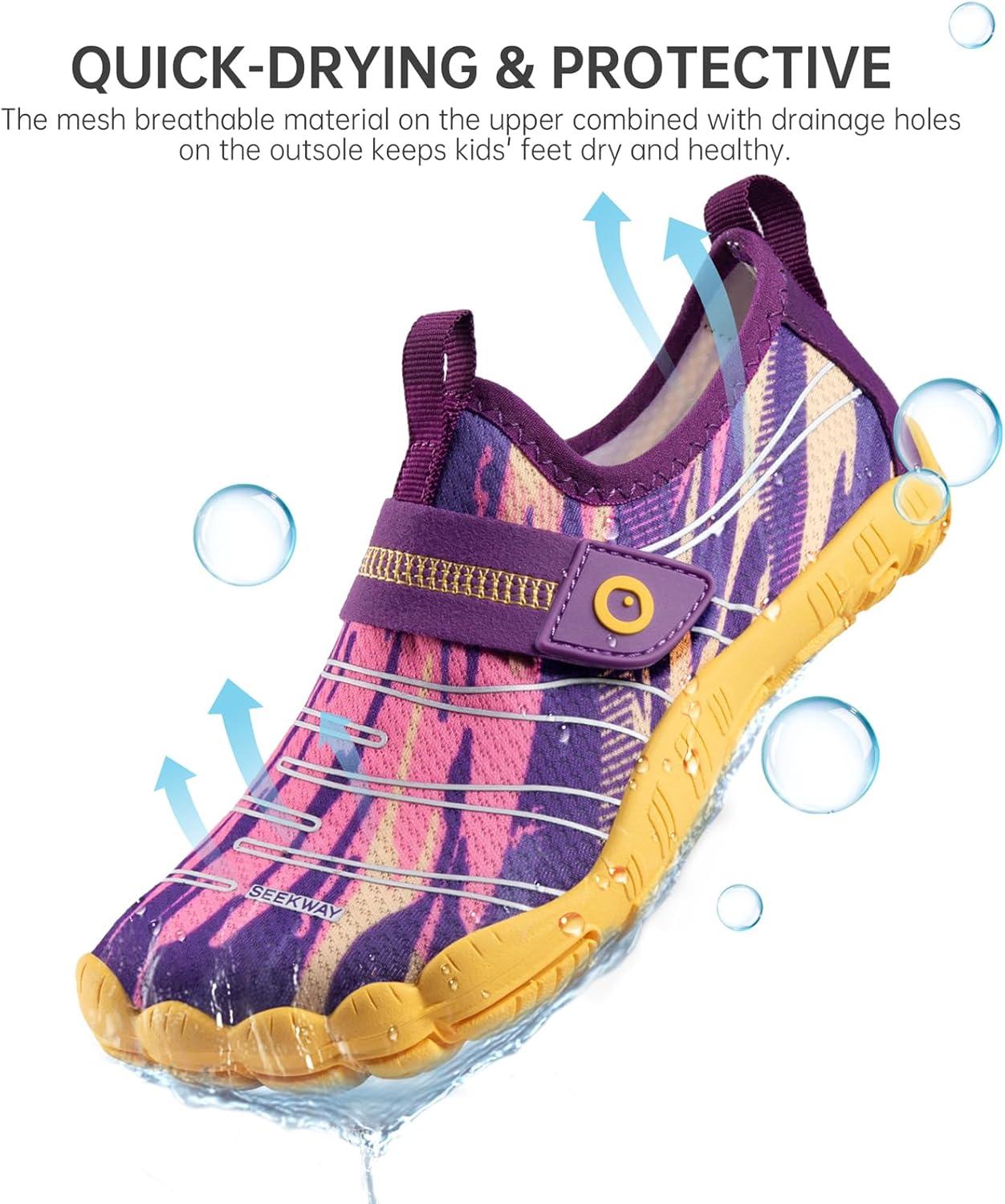 imageSEEKWAY Barefoot Water Shoes for Kids  Wide Toe Box and QuickDry Sand Shoes Toddler for Hiking Swim Beach Pool Kayak Sport Accessories Camping Essentials MustHaves for Boys Girls Sizes2eyellow Purple