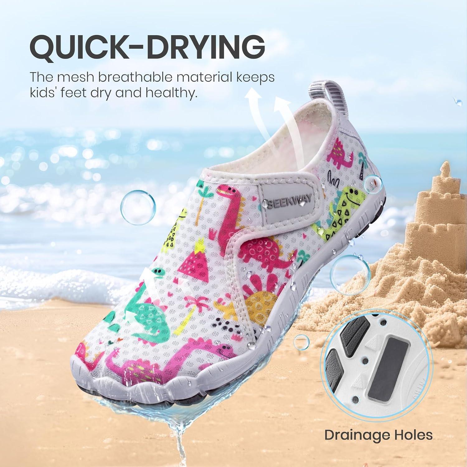 imageSEEKWAY Barefoot Water Shoes for Kids  Wide Toe Box and QuickDry Sand Shoes Toddler for Hiking Swim Beach Pool Kayak Sport Accessories Camping Essentials NonSlip for Boys Girls Sizes3c113 White Dinosaur