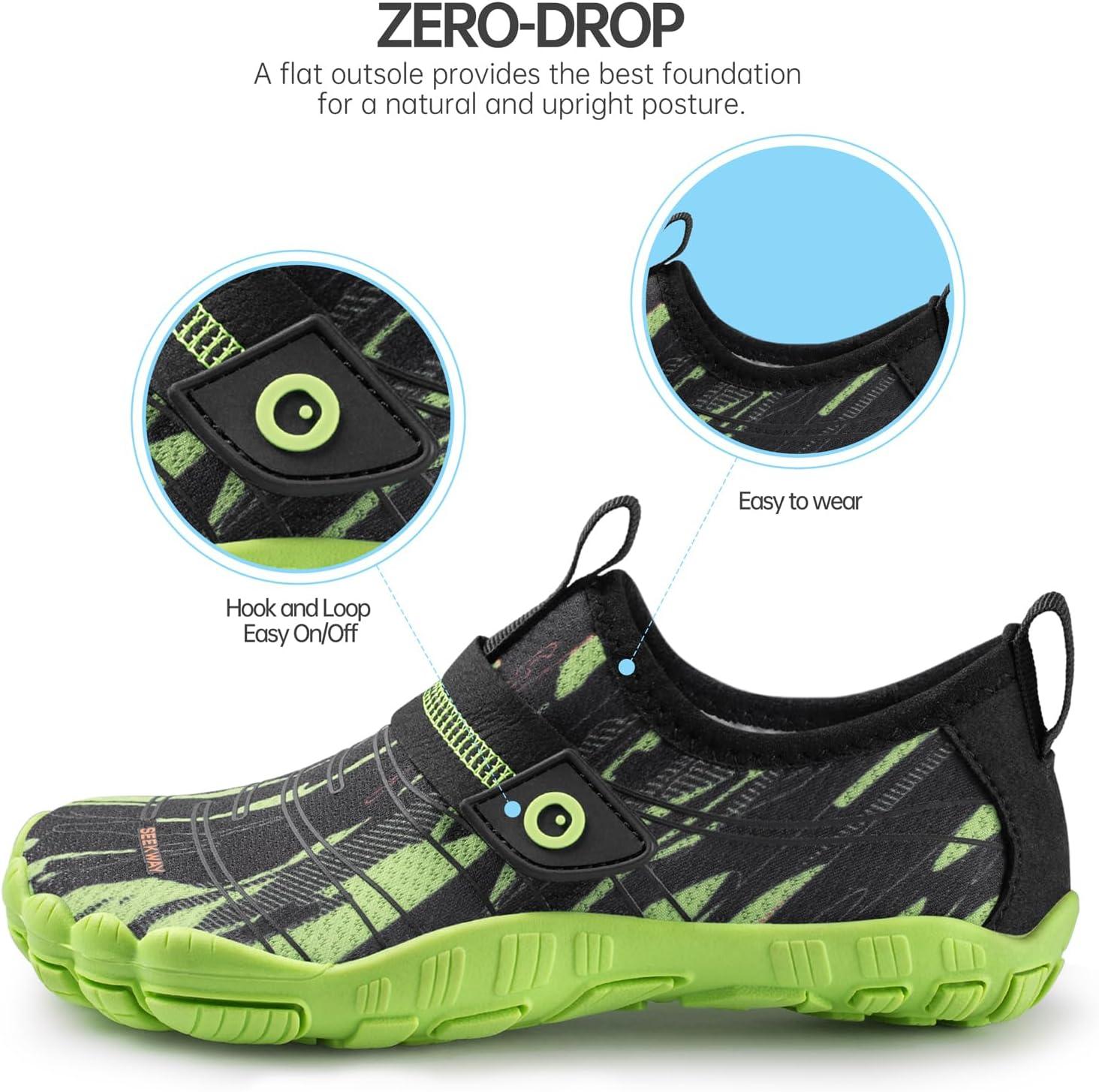 imageSEEKWAY Barefoot Water Shoes for Kids  Wide Toe Box and QuickDry Sand Shoes Toddler for Hiking Swim Beach Pool Kayak Sport Accessories Camping Essentials MustHaves for Boys Girls Sizes1dblack Green