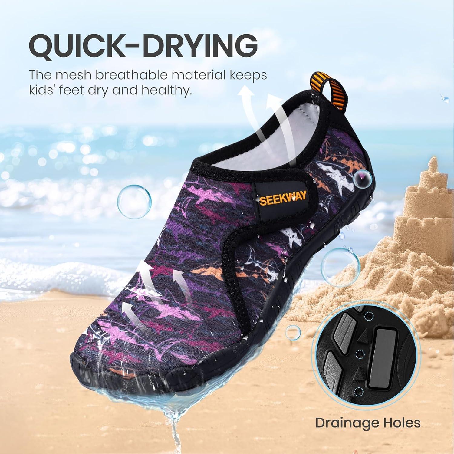 imageSEEKWAY Barefoot Water Shoes for Kids  Wide Toe Box and QuickDry Sand Shoes Toddler for Hiking Swim Beach Pool Kayak Sport Accessories Camping Essentials NonSlip for Boys Girls Sizes2f110 Purple Shark