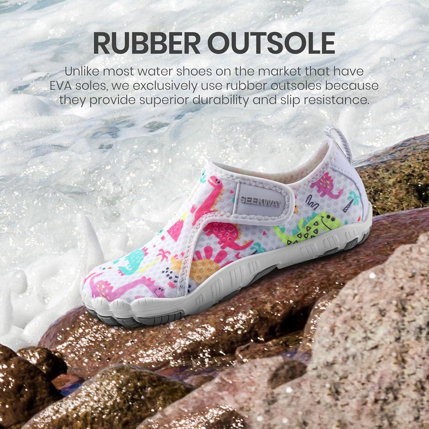 imageSEEKWAY Barefoot Water Shoes for Kids  Wide Toe Box and QuickDry Sand Shoes Toddler for Hiking Swim Beach Pool Kayak Sport Accessories Camping Essentials NonSlip for Boys Girls Sizes3c113 White Dinosaur