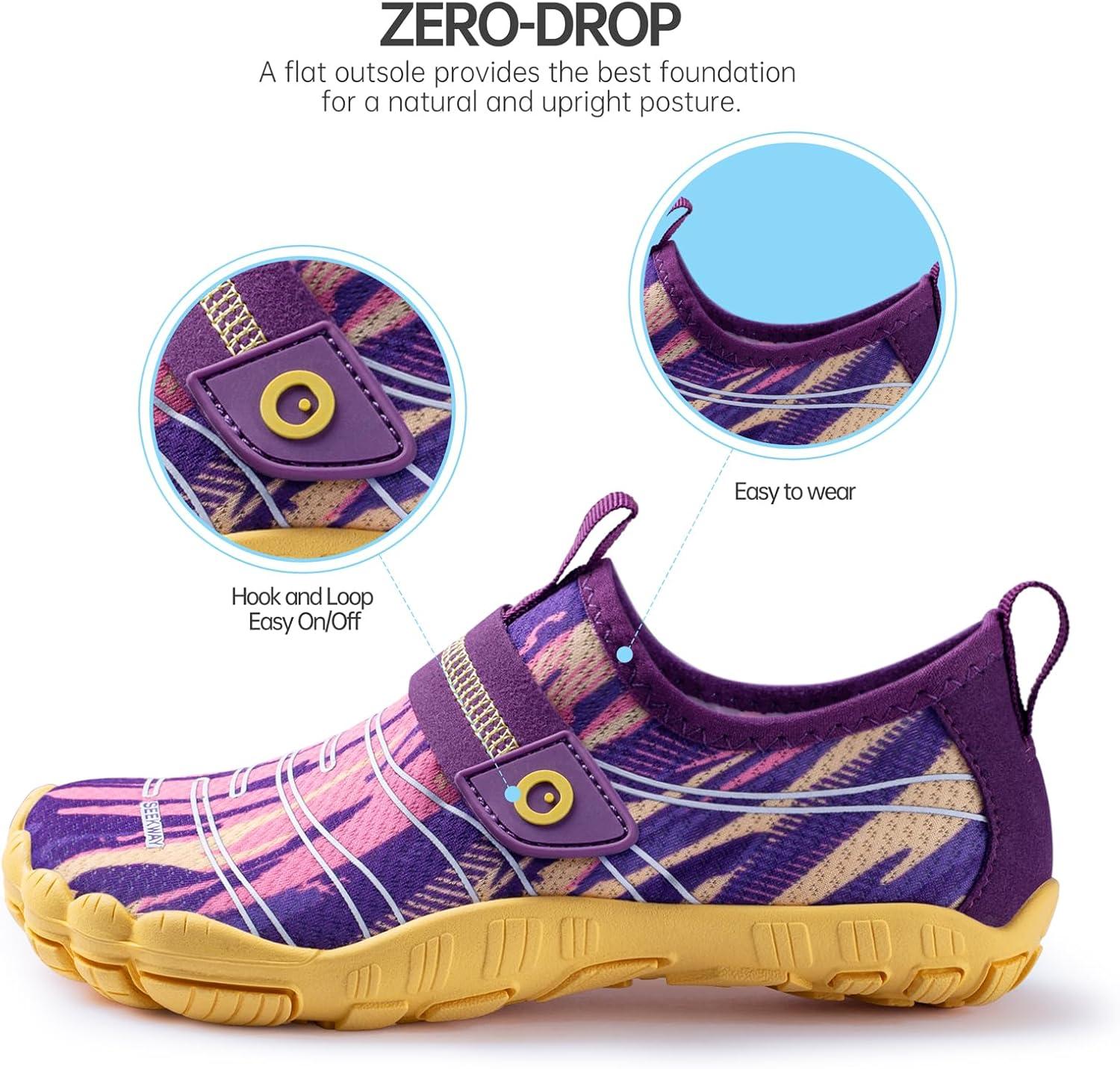 imageSEEKWAY Barefoot Water Shoes for Kids  Wide Toe Box and QuickDry Sand Shoes Toddler for Hiking Swim Beach Pool Kayak Sport Accessories Camping Essentials MustHaves for Boys Girls Sizes2eyellow Purple