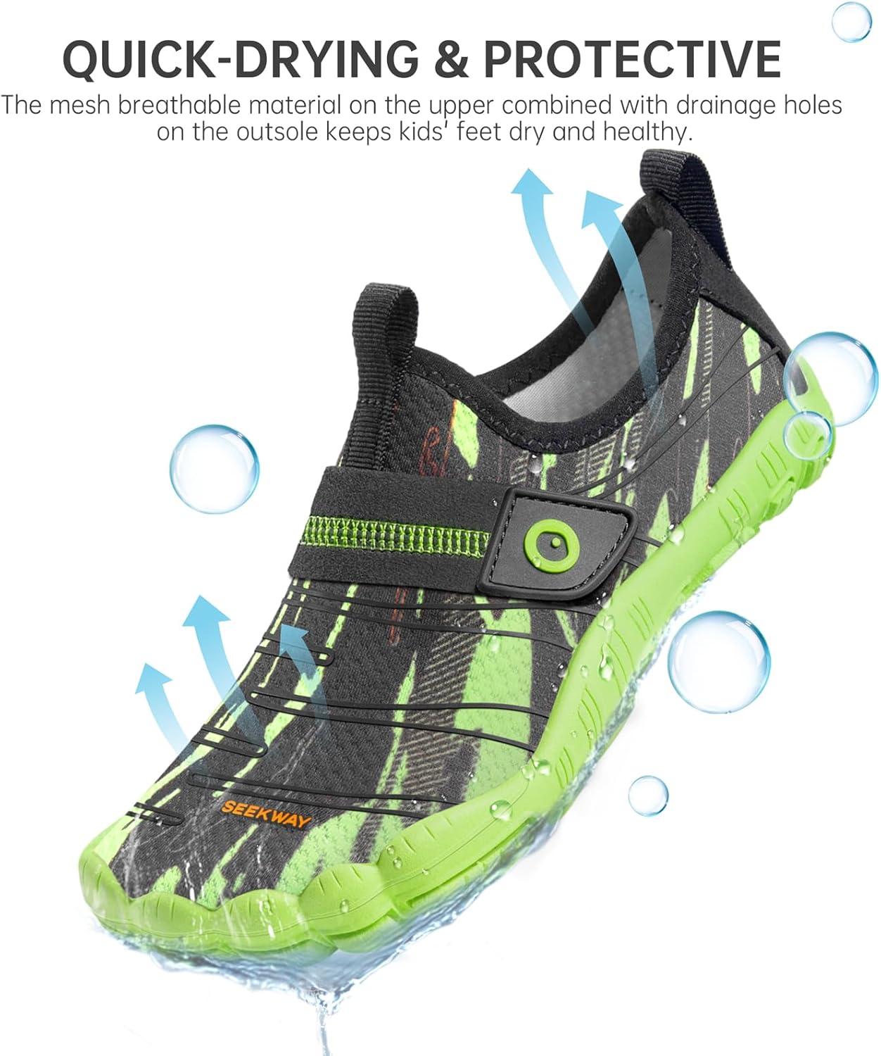 imageSEEKWAY Barefoot Water Shoes for Kids  Wide Toe Box and QuickDry Sand Shoes Toddler for Hiking Swim Beach Pool Kayak Sport Accessories Camping Essentials MustHaves for Boys Girls Sizes1dblack Green
