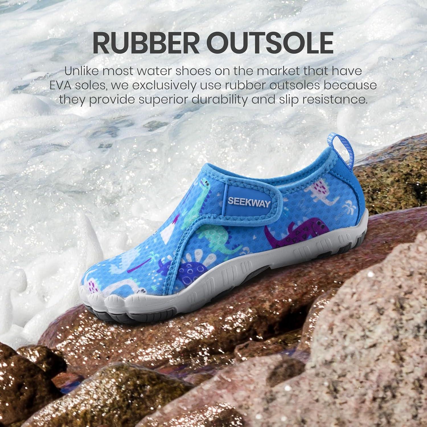 imageSEEKWAY Barefoot Water Shoes for Kids  Wide Toe Box and QuickDry Sand Shoes Toddler for Hiking Swim Beach Pool Kayak Sport Accessories Camping Essentials NonSlip for Boys Girls Sizes3b112 Blue Dinosaur