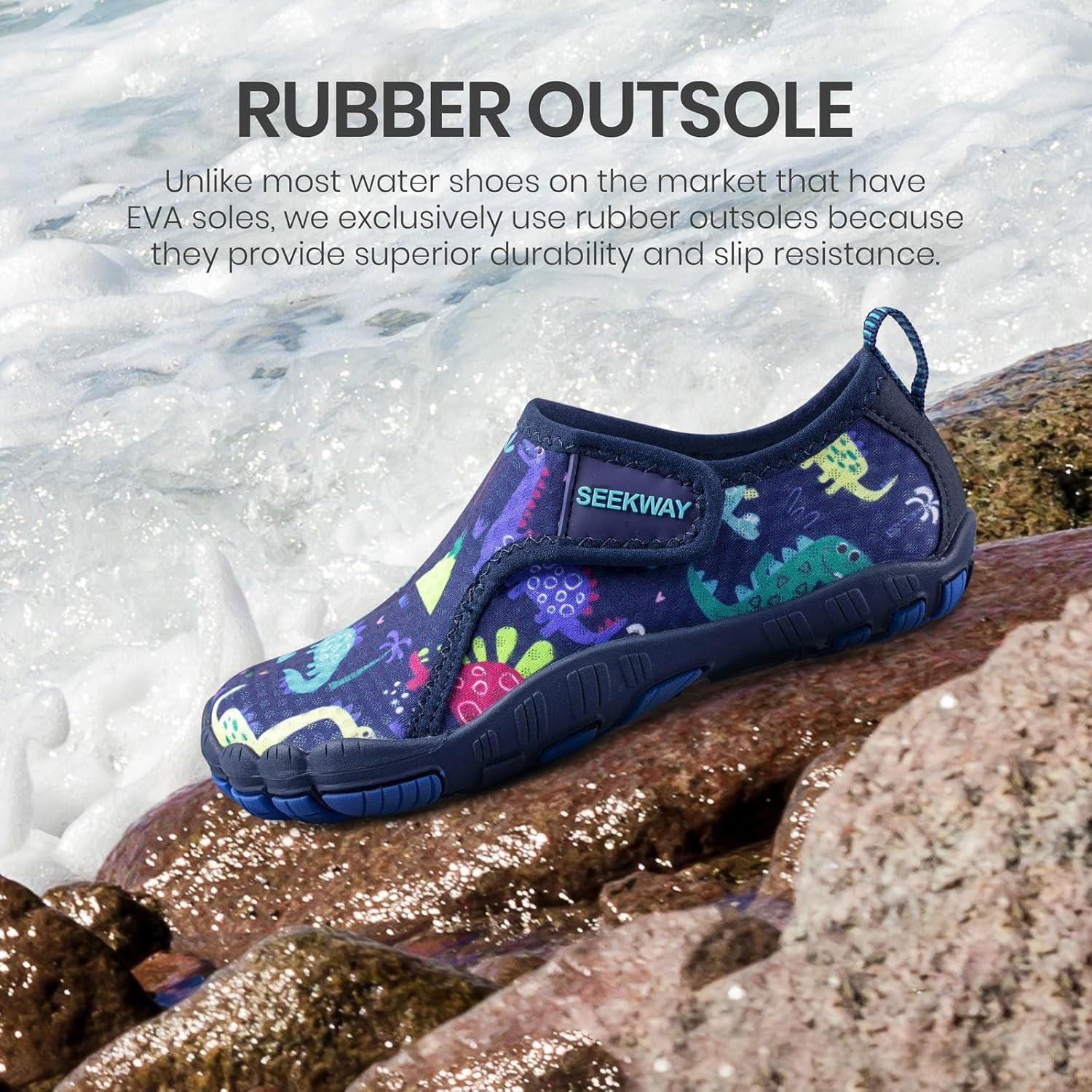 imageSEEKWAY Barefoot Water Shoes for Kids  Wide Toe Box and QuickDry Sand Shoes Toddler for Hiking Swim Beach Pool Kayak Sport Accessories Camping Essentials NonSlip for Boys Girls Sizes3a111 Blue Dinosaur