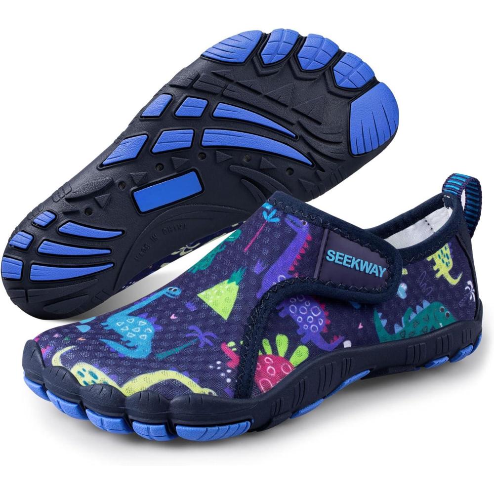 imageSEEKWAY Barefoot Water Shoes for Kids  Wide Toe Box and QuickDry Sand Shoes Toddler for Hiking Swim Beach Pool Kayak Sport Accessories Camping Essentials NonSlip for Boys Girls Sizes3a111 Blue Dinosaur