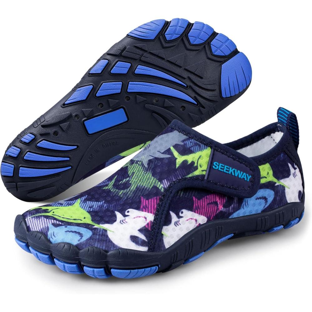 imageSEEKWAY Barefoot Water Shoes for Kids  Wide Toe Box and QuickDry Sand Shoes Toddler for Hiking Swim Beach Pool Kayak Sport Accessories Camping Essentials NonSlip for Boys Girls Sizes2d108 Blue Shark